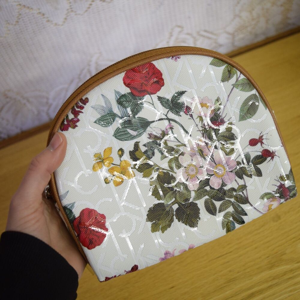 Calvin Klein Toiletry Cosmetic Bag Mini Zipper Top Floral Roses Flowers Travel